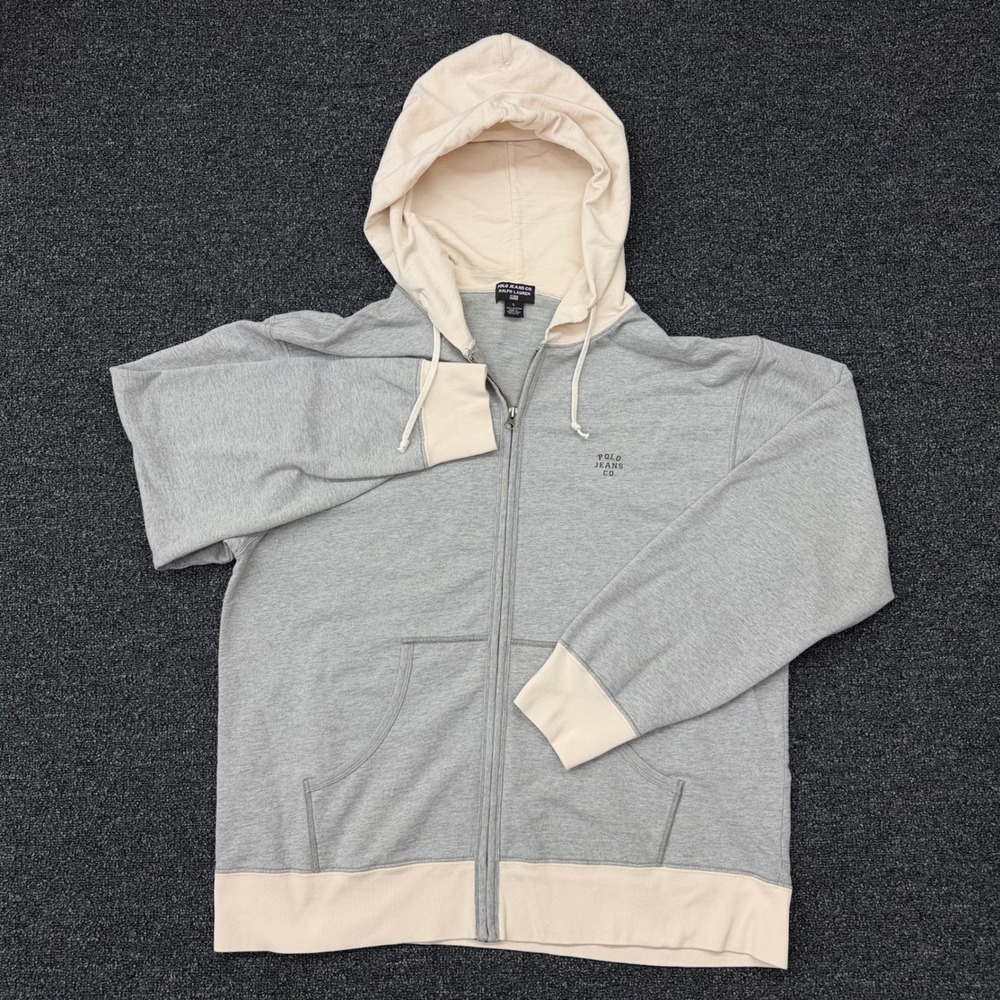 Vtg Polo‎ Jeans Co Ralph Lauren Hoodie Mens L Gray Cream Full Zip Cotton 90s Y2K